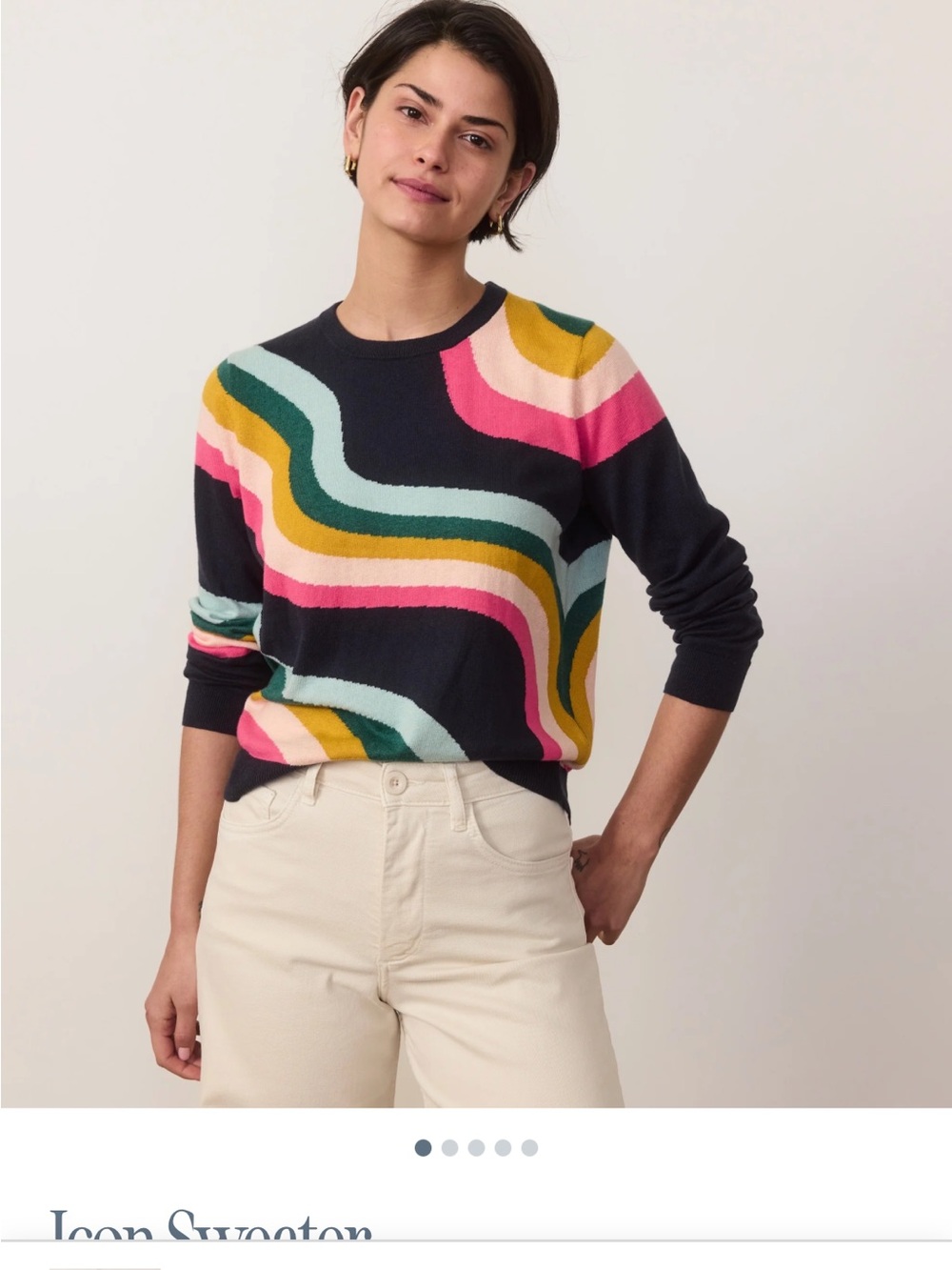 Marine Layer IconNavy Crewneck Sweater with Pink, Mint & Mustard Waves